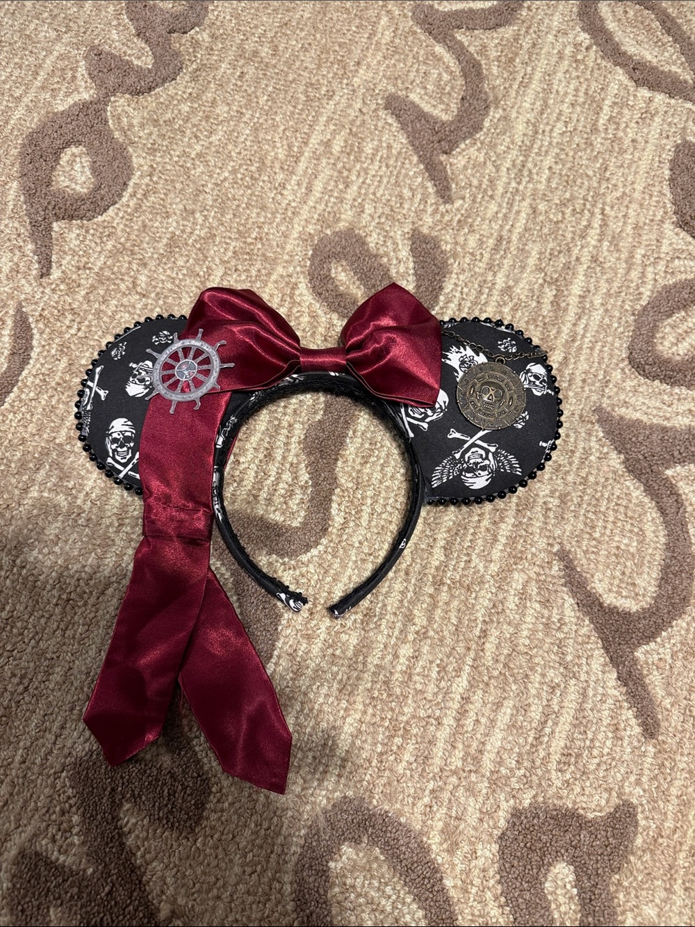 Disney Pirate Skull Minnie Ears Headband with Burgundy Bow